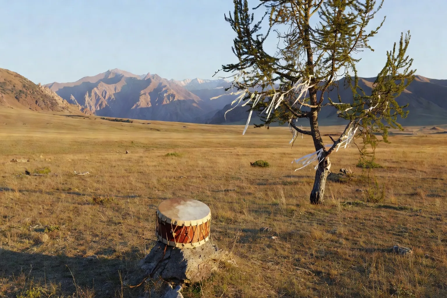 Rituel chamanique avec tambour dans la steppe touvaine de Sibérie du Sud