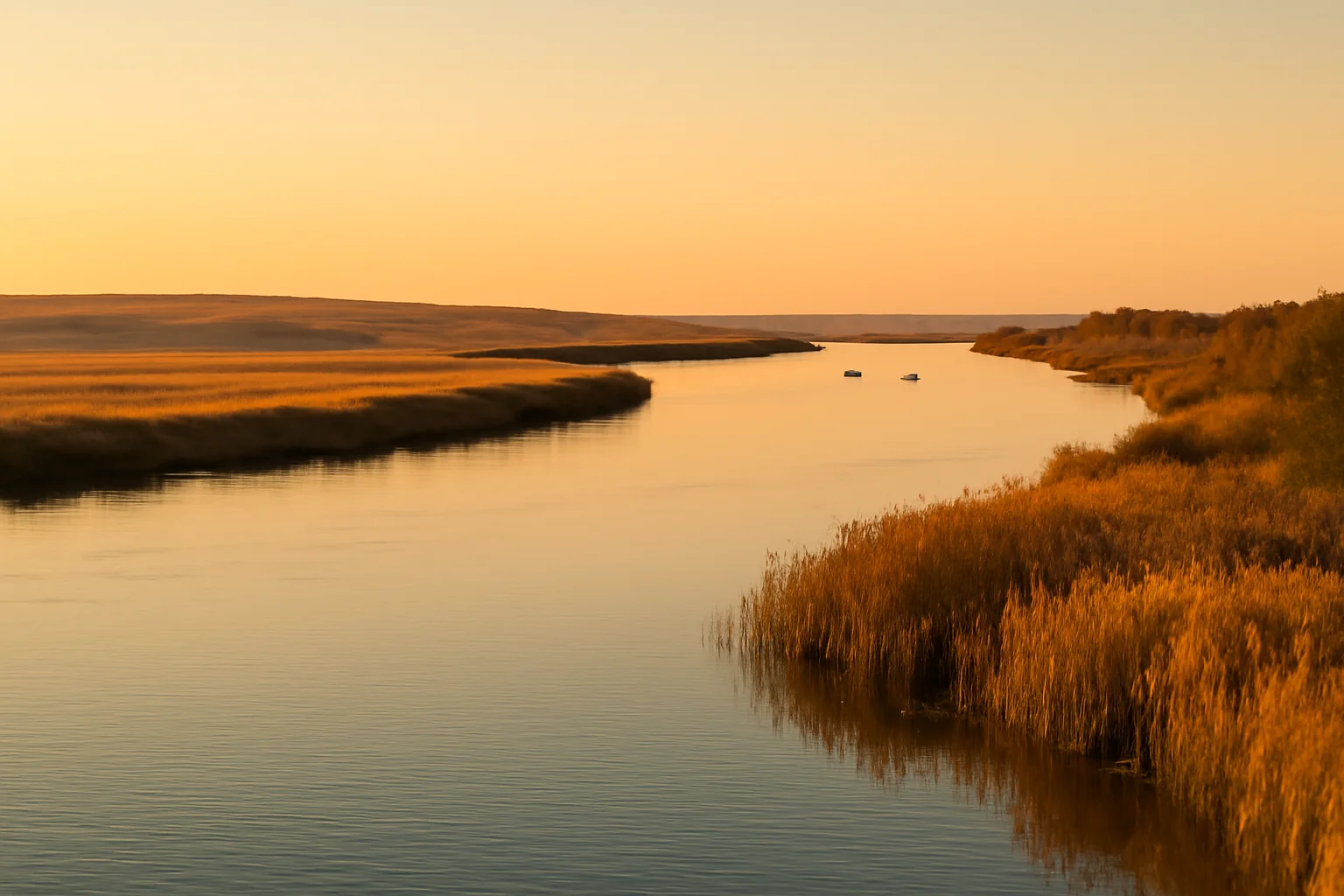 Le fleuve Don en Russie du sud, large cours d'eau bordé de steppes et de roseaux au coucher du soleil