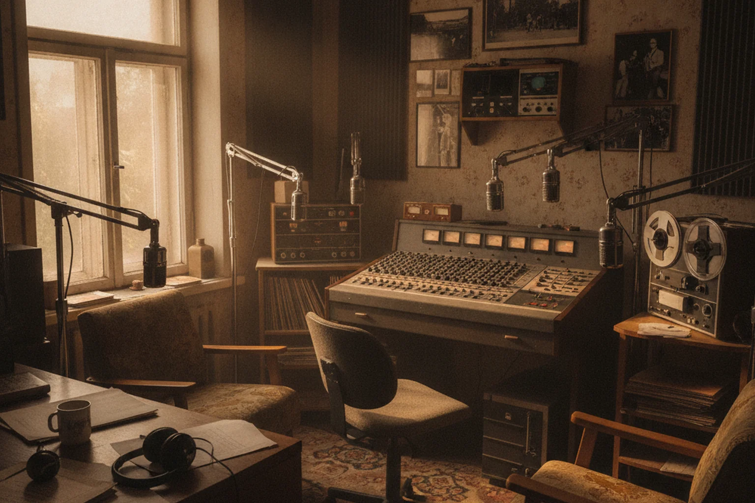 Studio de radio régionale russe avec microphones vintage et panneau de contrôle